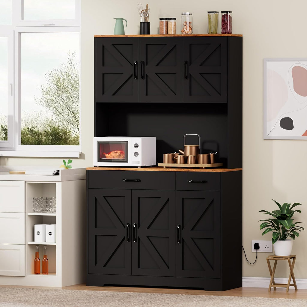 71" Pantry Cabinet with Charging Station, Farmhouse Kitchen Storage Cabinet with Drawers, Large Kitchen Hutch with 6-Zone Organization for Dining, Kitchen, Living Room (Black)
