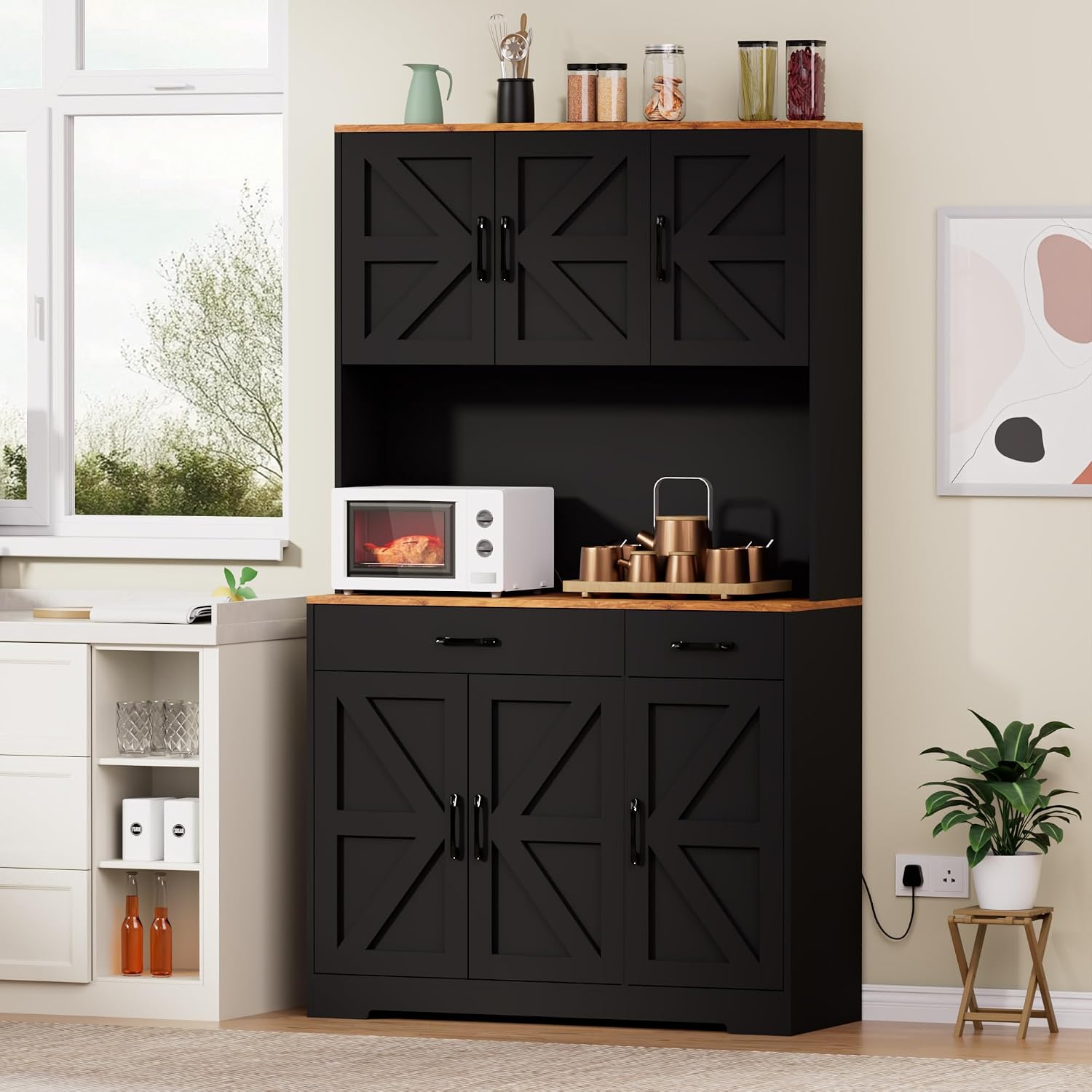 71" Pantry Cabinet with Charging Station, Farmhouse Kitchen Storage Cabinet with Drawers, Large Kitchen Hutch with 6-Zone Organization for Dining, Kitchen, Living Room (Black)