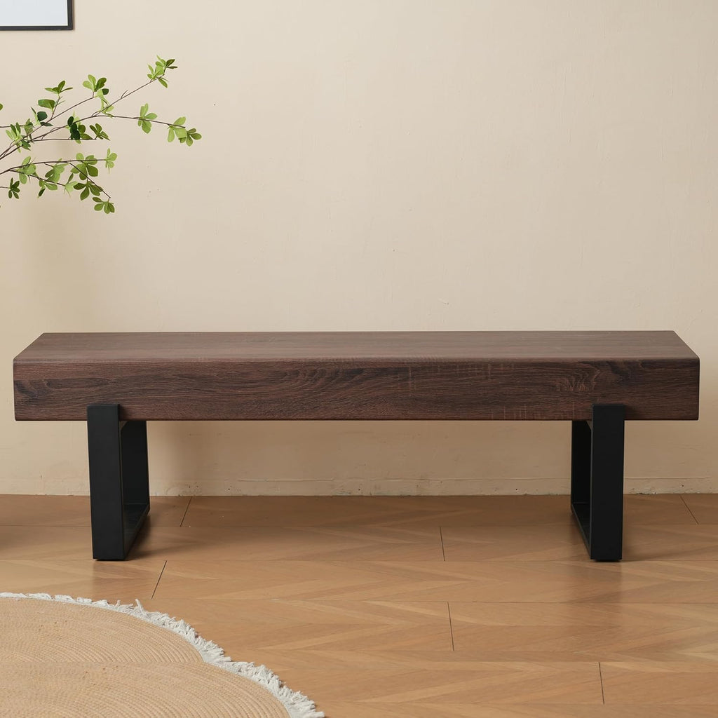 59" Dining Bench, Farmhouse Indoor Kitchen Table Benches, Industrial Shoe Bench, Entryway Benches, Black + Dark Walnut