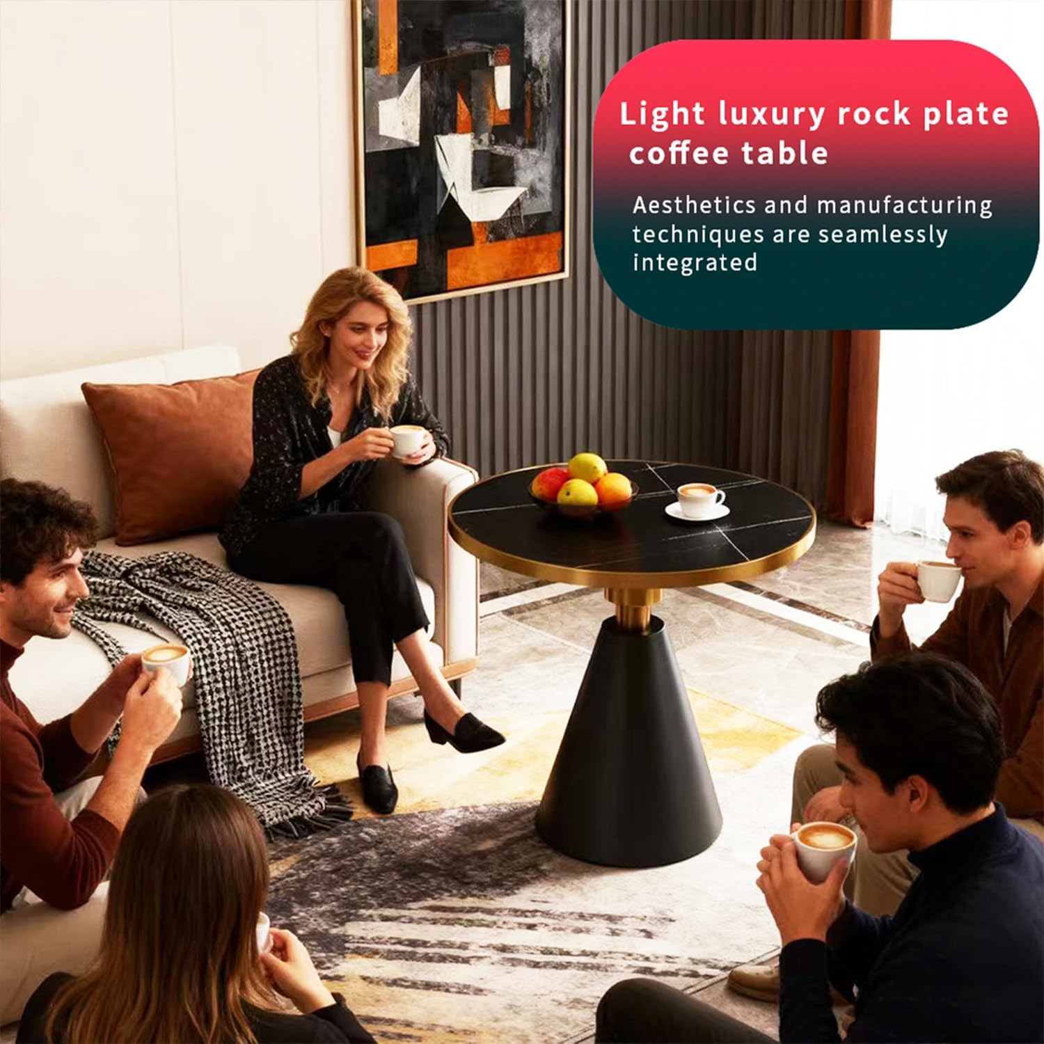 BeautyVerve Rock Plate Side Tables for Living Room, Modern Small Round Coffee Table with Like-Marble Hard Top, Metal Base, Outdoor End Table for Patio Bedroom, Corner Desk, 27.6 Inches Diameter