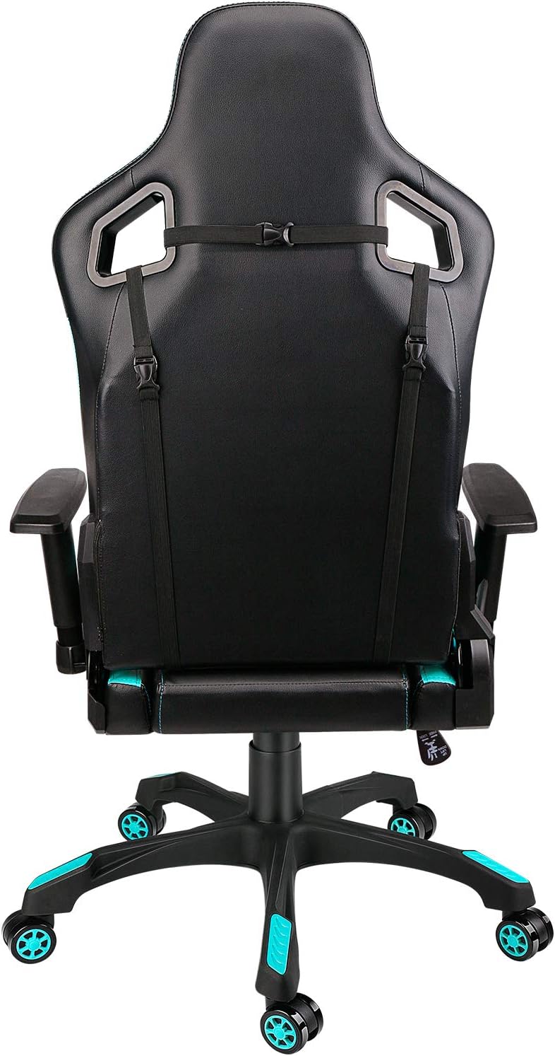 Leopard Gaming Chair, High Back PU Leather Office Chair, Adjustable Video Gaming Chairs, Swivel Racing Chair with Adjustable Armrest (Black/Light Blue)