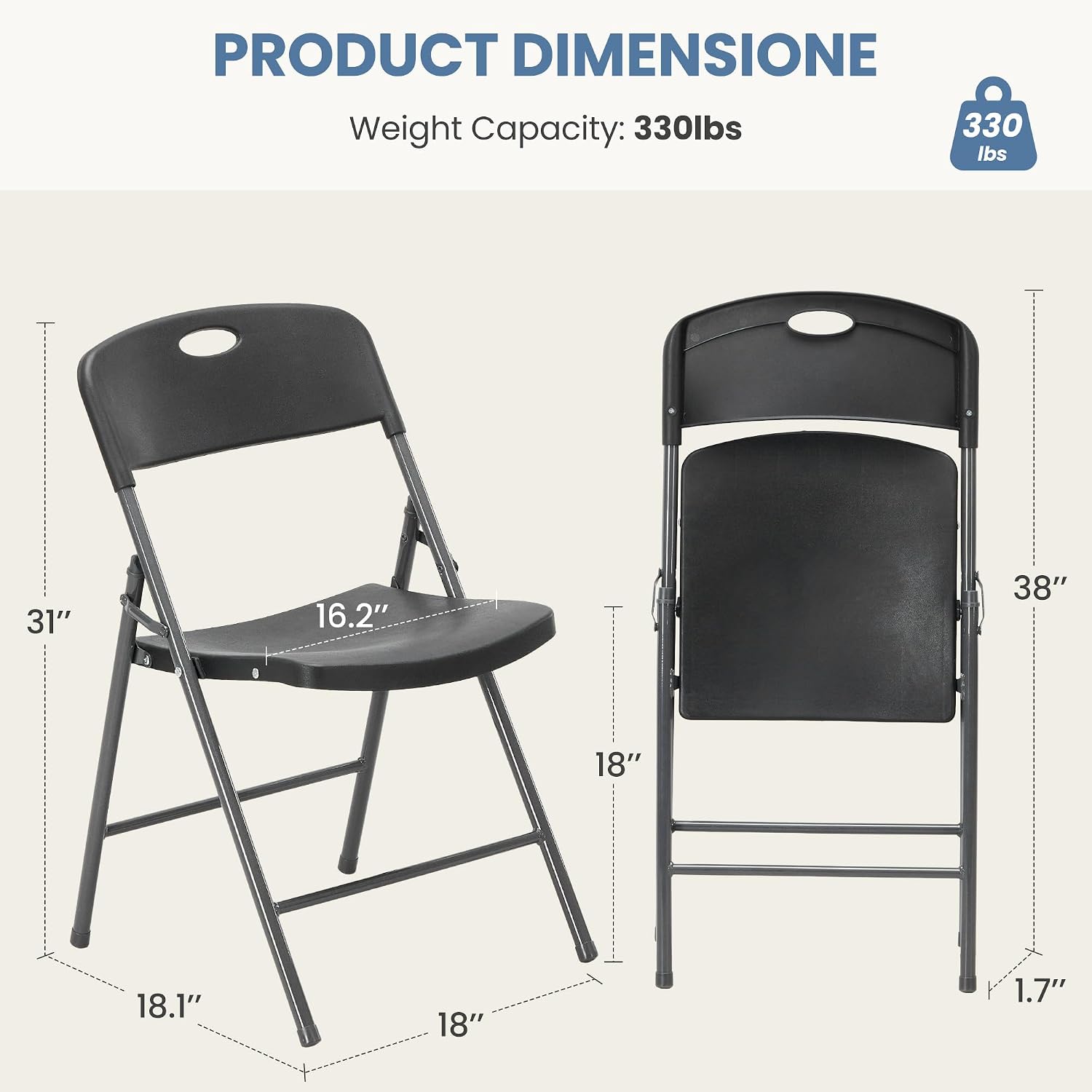 DUMOS 2 Pack Black Folding Chairs, Plastic Portable Stackable Dining Chairs with Metal Frame, for Indoor Outdoor, for Home and Office, Conference, Party, Event, Wedding, Birthday, Black