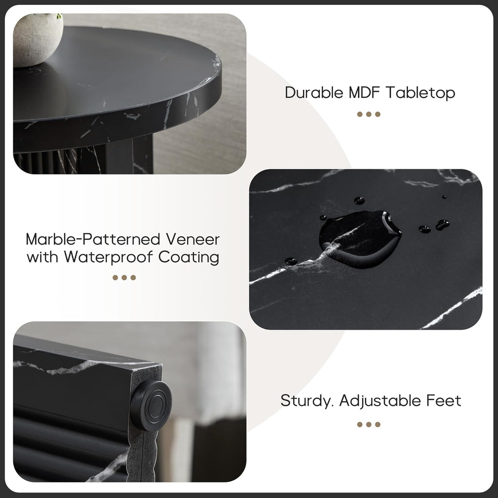 LEVNARY 15.7" Round Side Table with Marble-Look Top, Modern End Table with Scalloped Fluted Base, Small Circular Accent Table with Adjustable Feet for Living Room Bedroom (Black)
