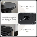 LEVNARY 15.7" Round Side Table with Marble-Look Top, Modern End Table with Scalloped Fluted Base, Small Circular Accent Table with Adjustable Feet for Living Room Bedroom (Black)