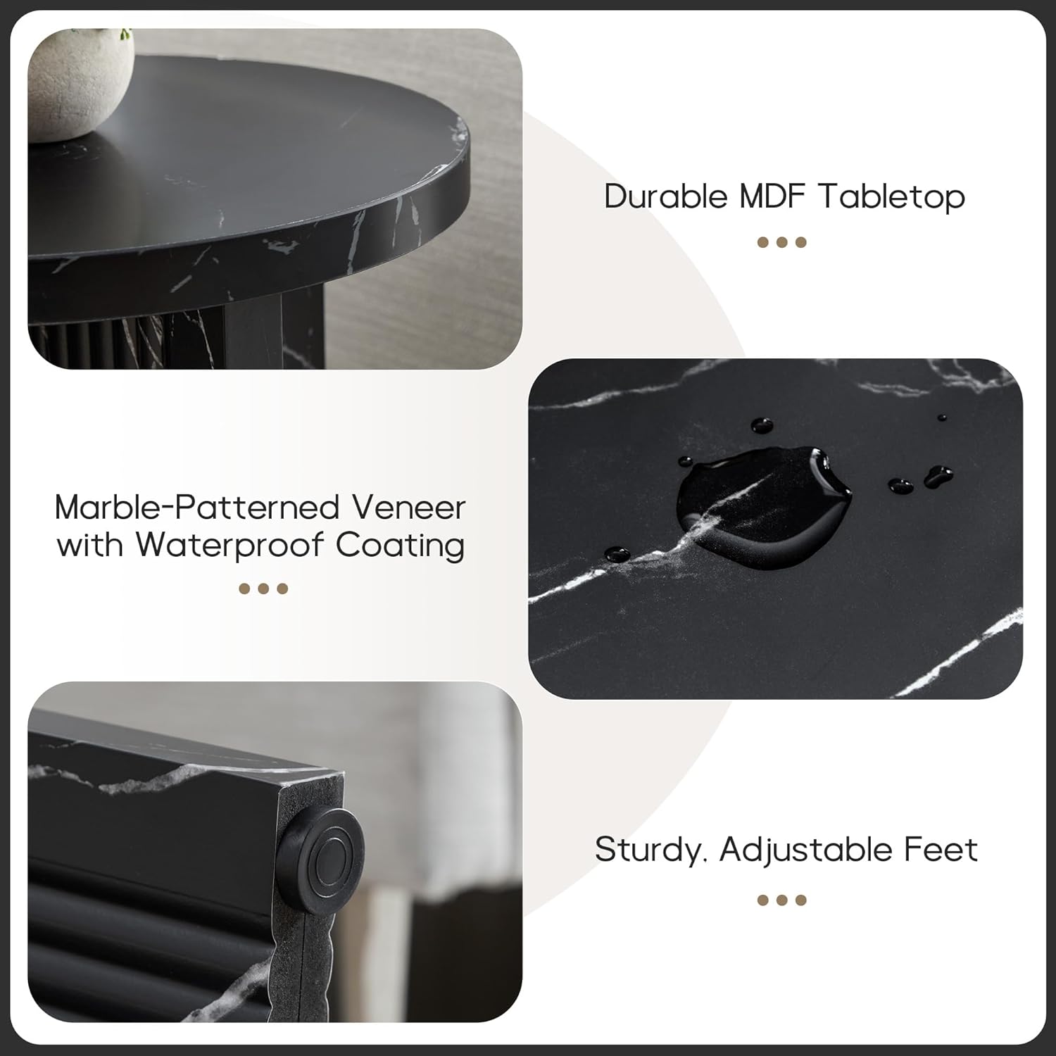 LEVNARY 15.7" Round Side Table with Marble-Look Top, Modern End Table with Scalloped Fluted Base, Small Circular Accent Table with Adjustable Feet for Living Room Bedroom (Black)
