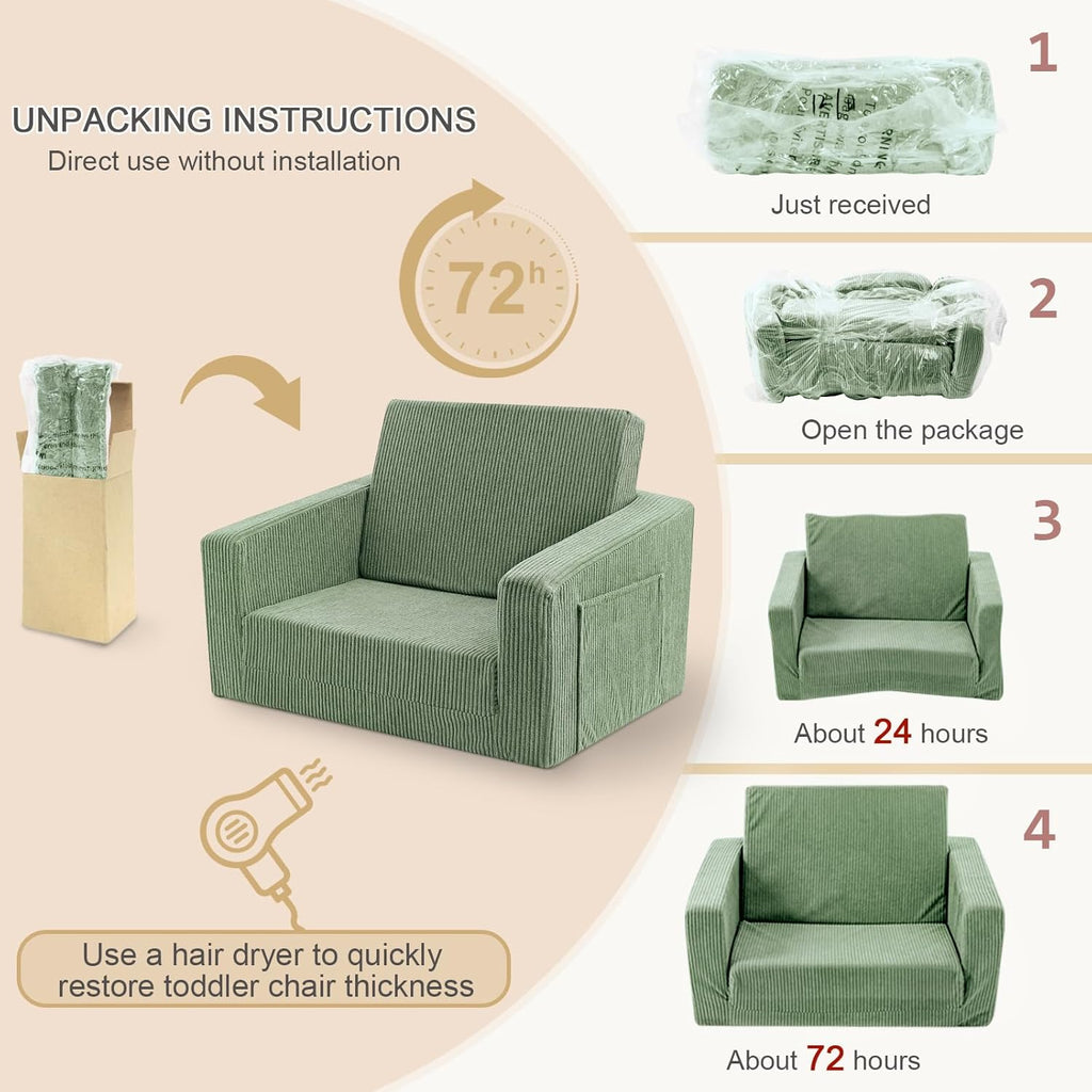 Kids Chair and Couch, 2-in-1 Fold-Out Kids Sofa, Soft Convertible Seating, Comfy Kids Chair for Boys and Girls,Green