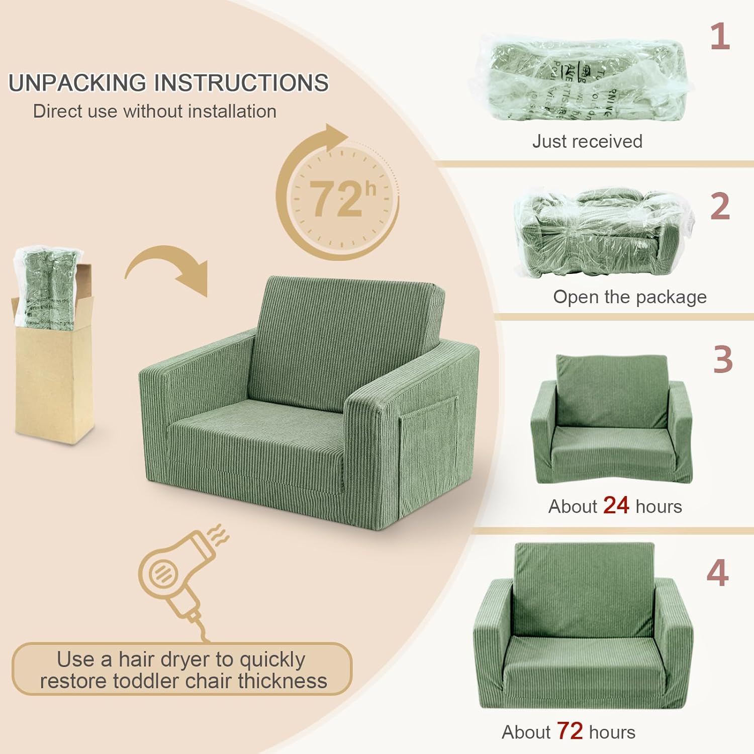 Kids Chair and Couch, 2-in-1 Fold-Out Kids Sofa, Soft Convertible Seating, Comfy Kids Chair for Boys and Girls,Green