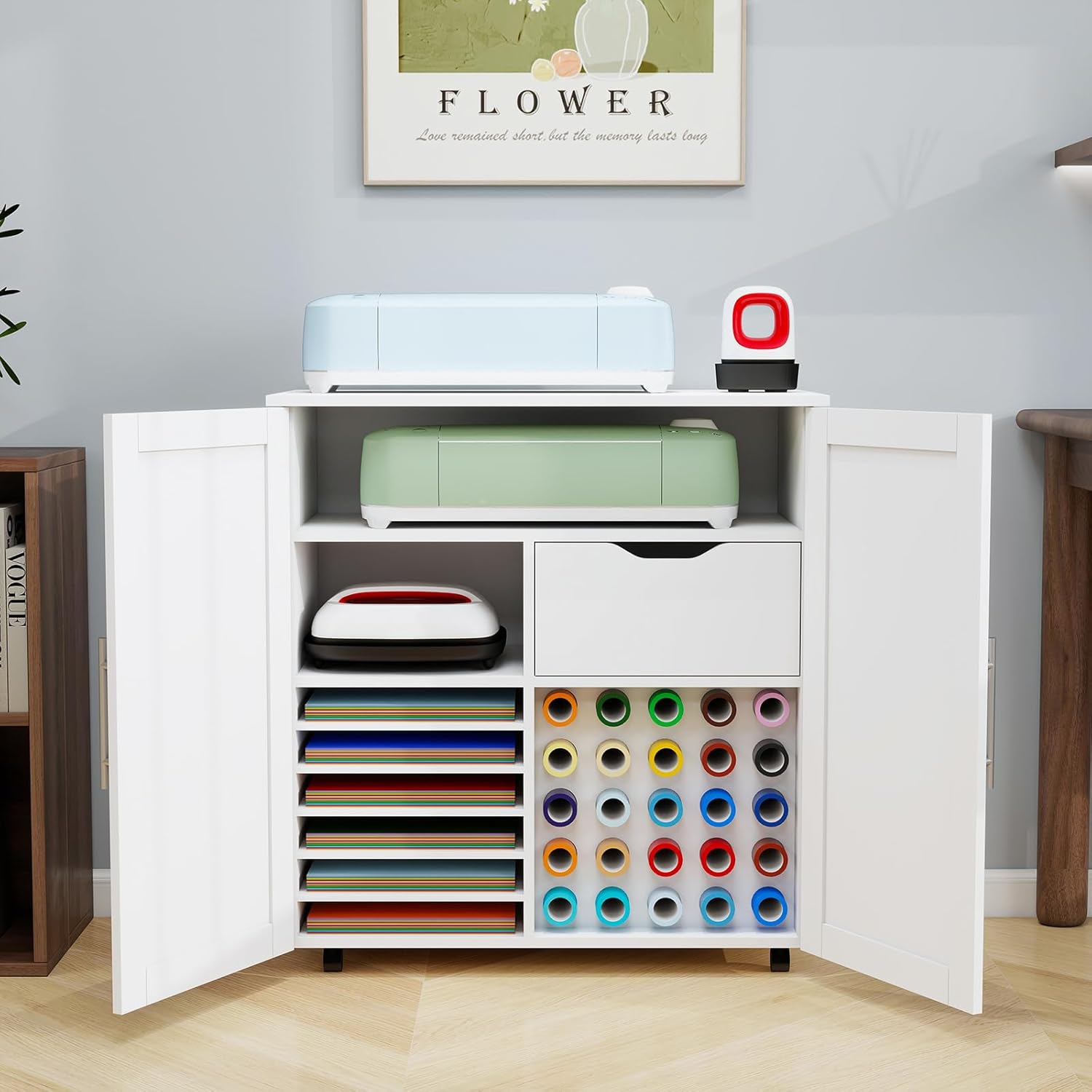 Craft Cart Cabinet Compatible with Cricut for Storage Organization, Rolling Craft Cabinet Table Stand Workstation with Vinyl Roll Holder with Wheels for Craft Room Organizer 31.6"W x 15.8"D x 33.7"H