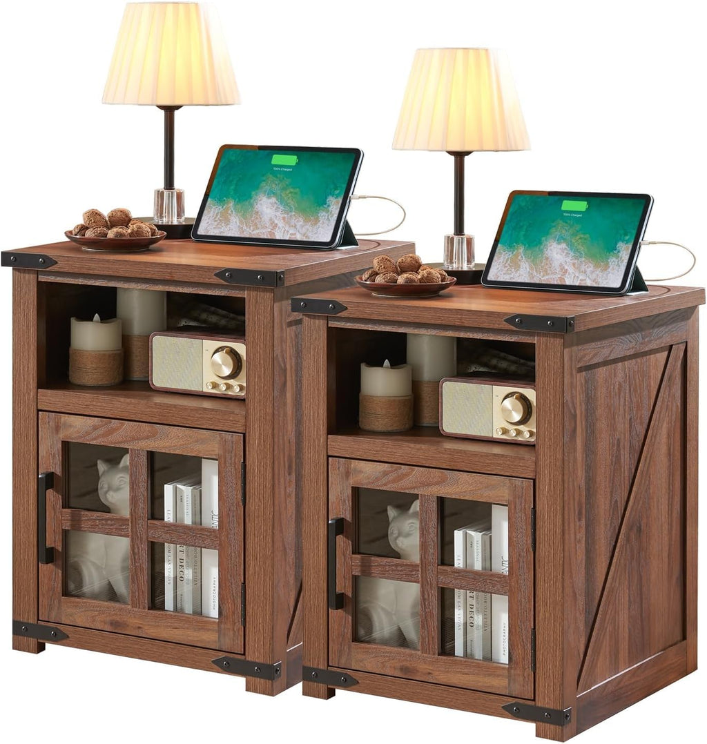 Barnyatoh Farmhouse Nightstand Set of 2 with Charging Station & Glass Door | 18" Night Stand, Rustic End Table,Wood Sofa Side Bedside Table with Open Storage Shelf for Living Room, Bedroom,Walnut