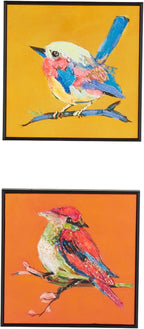 Deco 79 Canvas Bird Living Room Framed Wall Art 3D Textured Canvas Wall Art with Black Frame and Gold Foil Accents, Set of 2 Wall Art 12" W, 13" H, Multi Colored