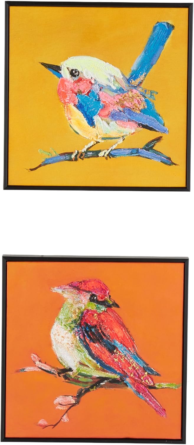 Deco 79 Canvas Bird Living Room Framed Wall Art 3D Textured Canvas Wall Art with Black Frame and Gold Foil Accents, Set of 2 Wall Art 12" W, 13" H, Multi Colored