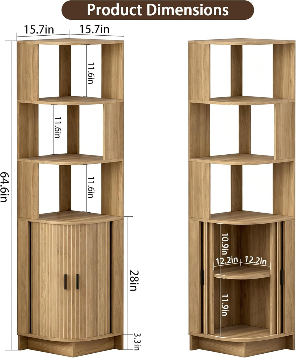 Corner Shelf, 5-Tier Corner Storage Cabinet with Fluted Doors, 64.6" Corner Shelves Bookshelf Stand Display Rack for Bedroom, Living Room, Kitchen, Home Office, Oak