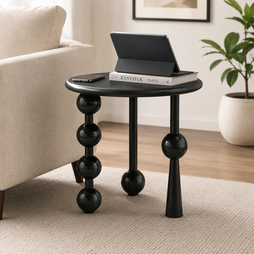 Modern Round Side Table for Living Room, 19.69" Solid Wood Side Table, Sofa Side Bedside Table with Funny Wood Globe Legs, Round Coffee End Table,(Black)