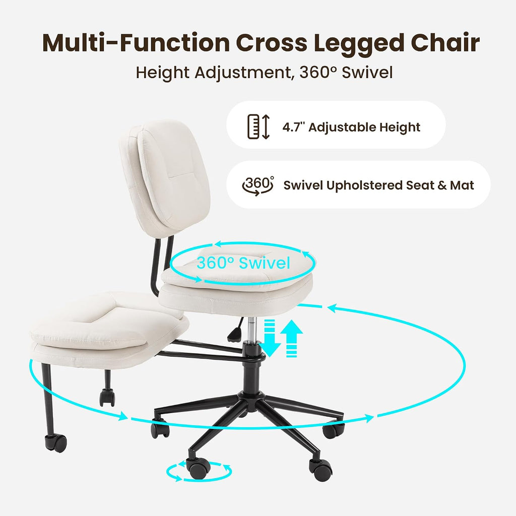 COSIEST Cross Legged Office Chair with Wheels, Ergonomic Kneeling Chair for Adults, Criss Cross Chair with Wide Seat, 360° Swivel Meditation Yoga Desk Chair, Adjustable Height, White