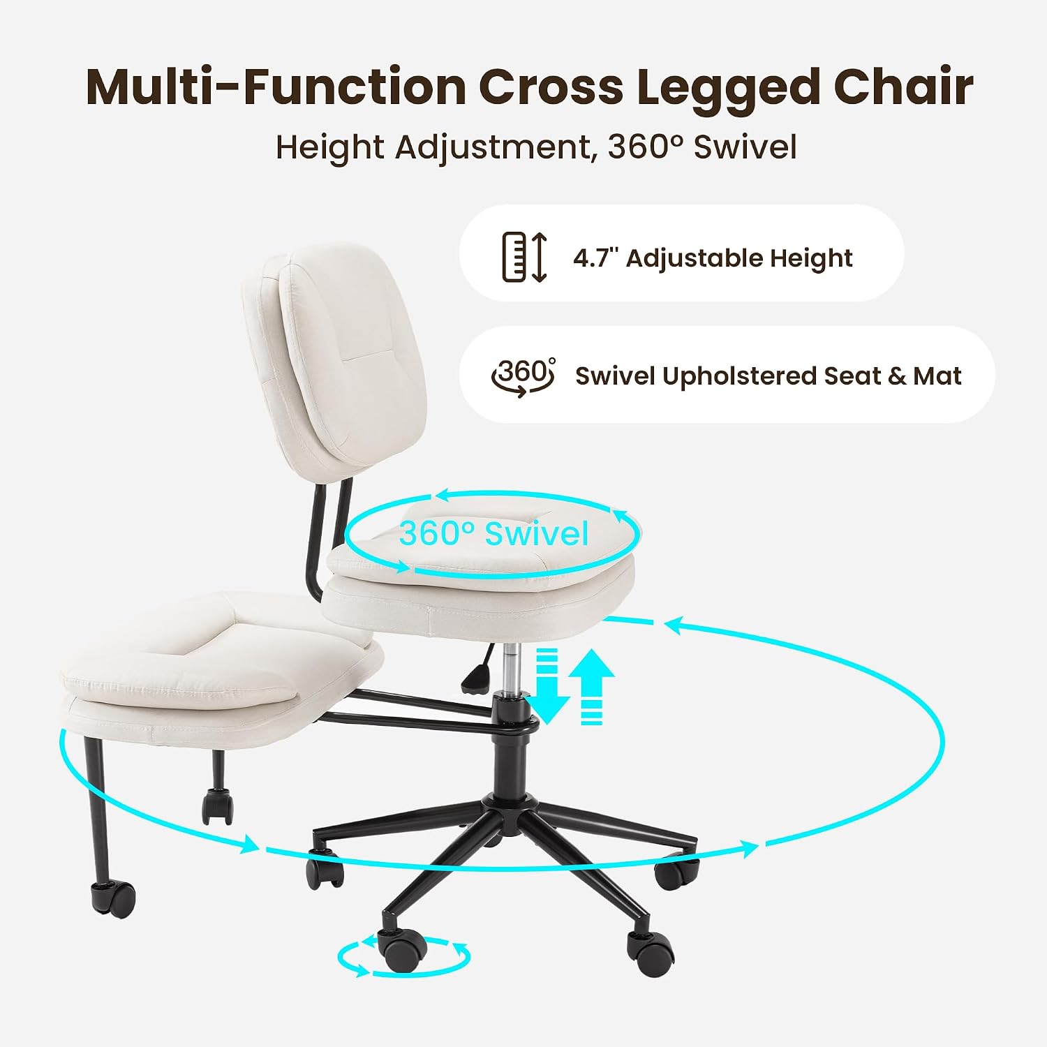 COSIEST Cross Legged Office Chair with Wheels, Ergonomic Kneeling Chair for Adults, Criss Cross Chair with Wide Seat, 360° Swivel Meditation Yoga Desk Chair, Adjustable Height, White