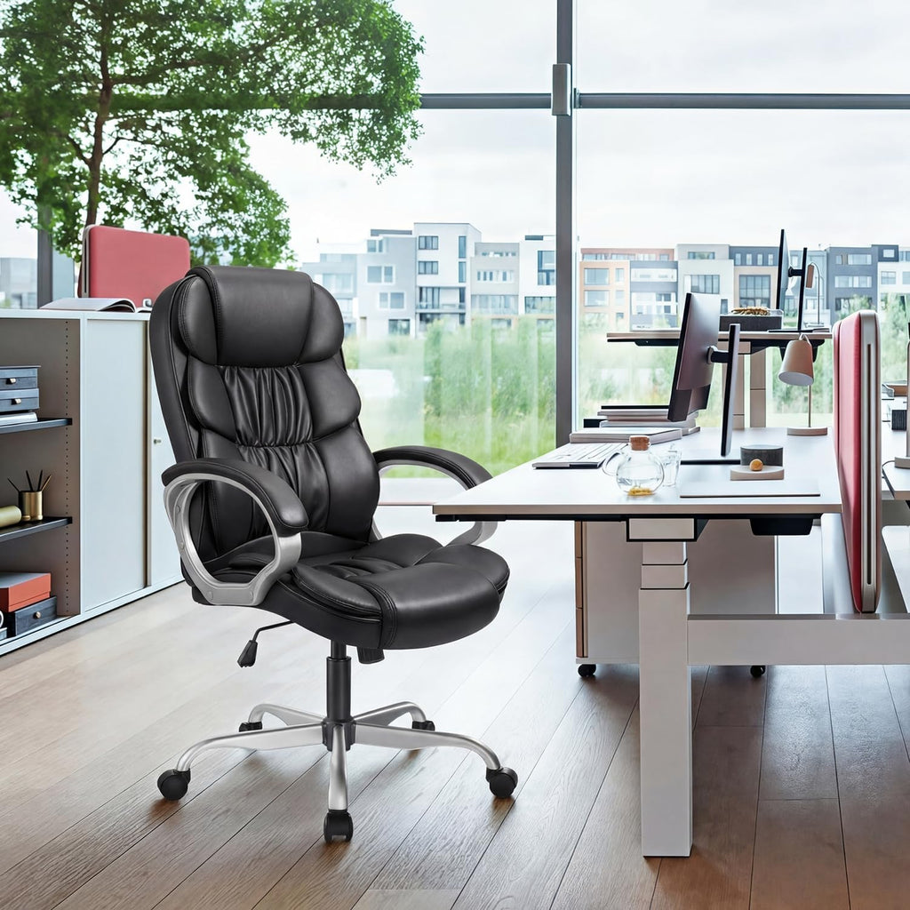 GUNJI Office Chair PU Leather High Back Executive Chair Ergonomic Computer Chair, Modern Adjustable Home Desk Chair Swivel Managerial Chair with Padded Armrests and Lumbar Support (Black)