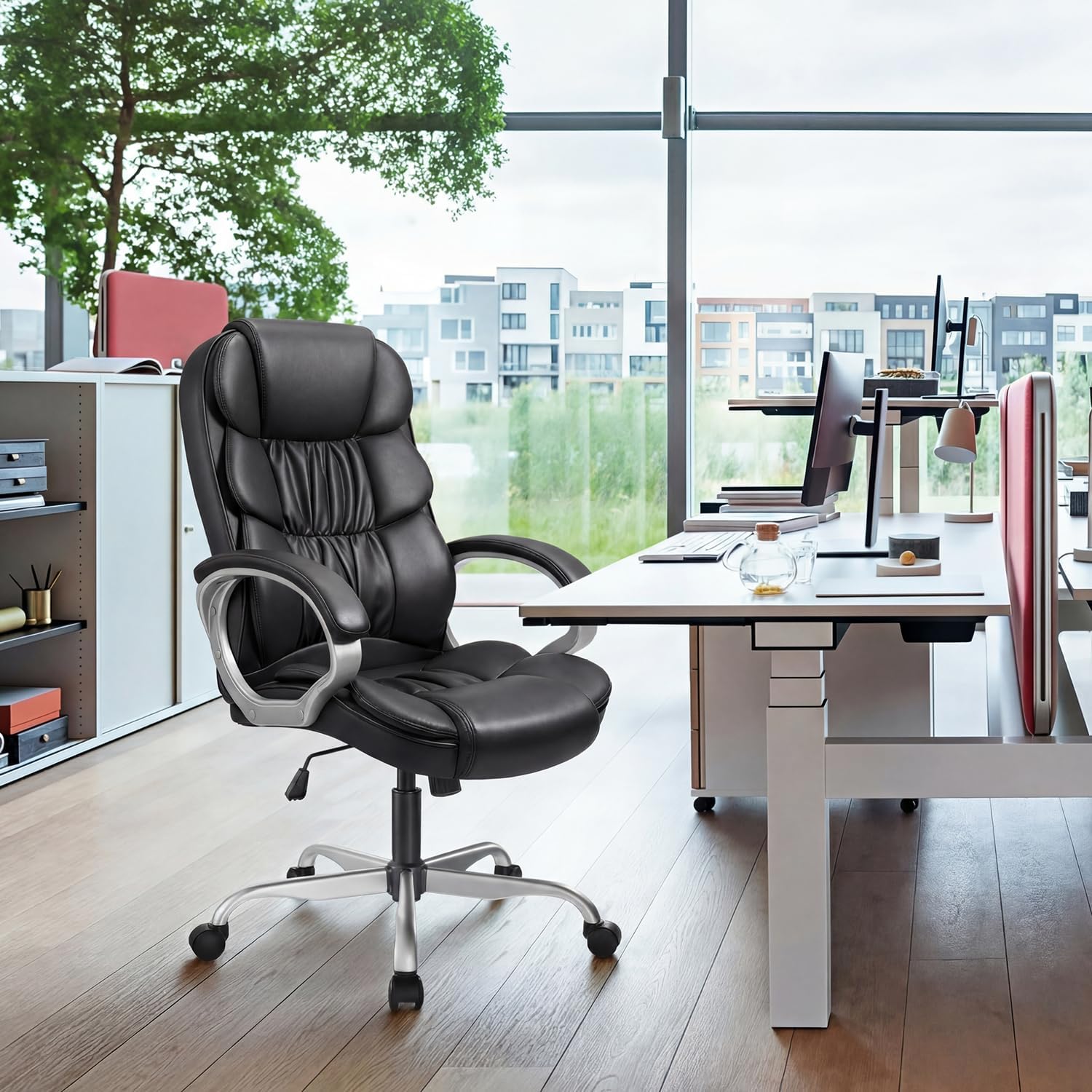 GUNJI Office Chair PU Leather High Back Executive Chair Ergonomic Computer Chair, Modern Adjustable Home Desk Chair Swivel Managerial Chair with Padded Armrests and Lumbar Support (Black)