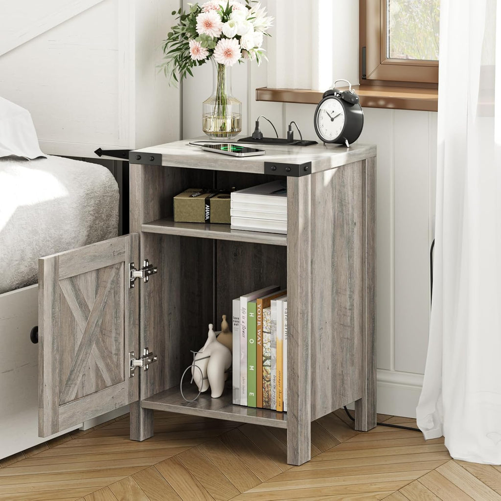 Fameill Farmhouse End Tables with Charging Station, Nightstand with Barn Door and Shelf, Rustic Living Room Bedroom Side Table, Wash Grey