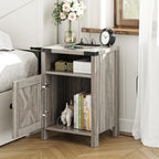 Fameill Farmhouse End Tables with Charging Station, Nightstand with Barn Door and Shelf, Rustic Living Room Bedroom Side Table, Wash Grey