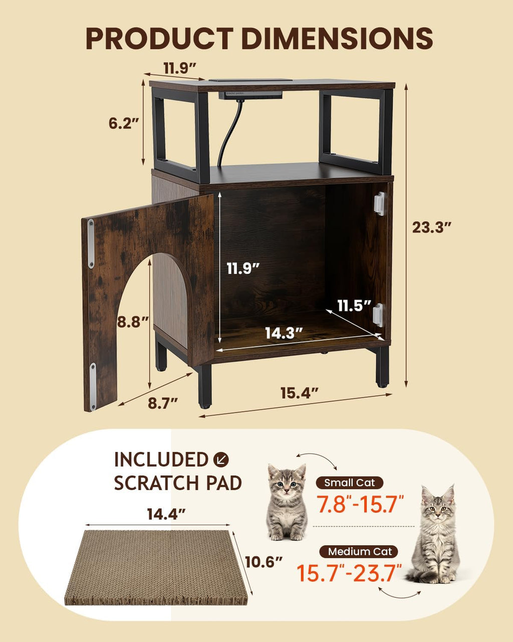 Cat Side Table with Charging Station & Storage Shelf, Small End Tables with Cat Cave & Scratcher Pad for Living Room, Small Spaces, Bedroom, Office, Easy Assembly, Space Saving, Brown
