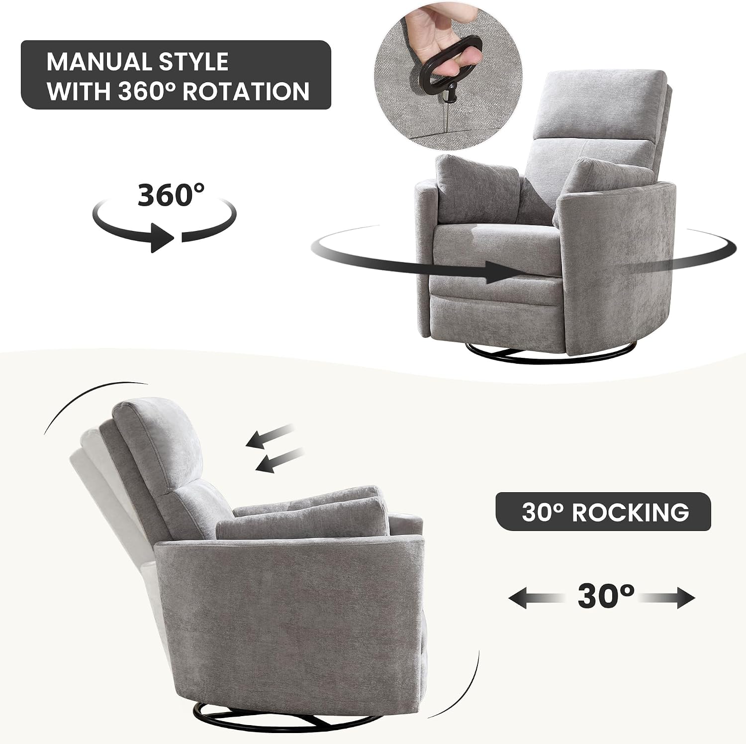 Manual Recliner 360°Swivel Glider Rocking Chair,Nursery Adult Rocker Glider Chair Upholstered Recliner with 2 Pillows for Living Room Bedroom Nursery(Light Grey, Manual Operation)