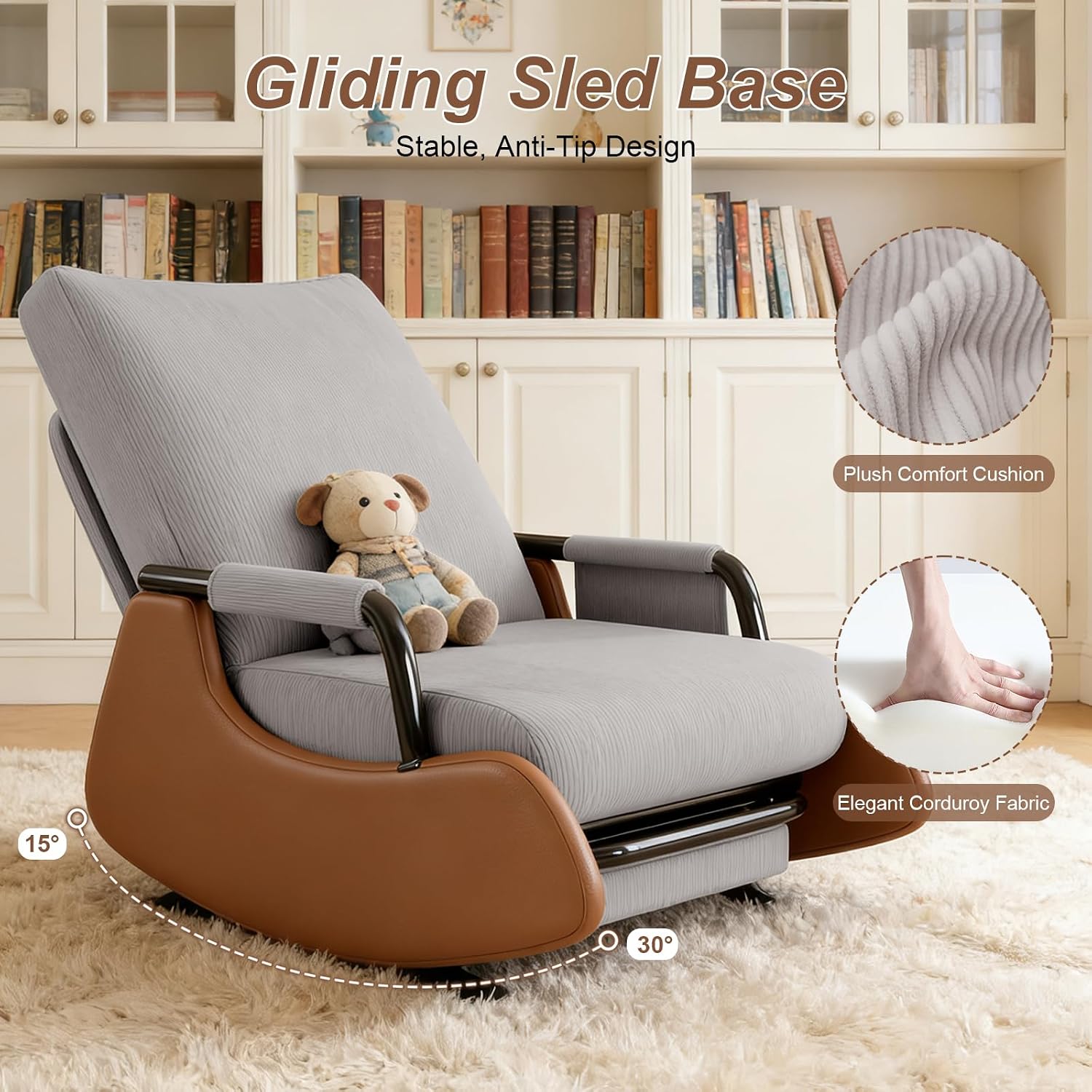 Rocking Chair Nursery, Comfortable Upholstered Recliner Rocker with Foot Rest, Side Pocket and Adjustable High Backrest, Soft Corduroy Modren Rocking Chair Living Room Bedroom, Grey