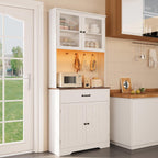 Gizoon 71" H Storage Cabinet with Strip Light, Kitchen Pantry Cabinet with Doors and Drawers, White Hutch with Charging Station and Adjustable Shelves, for Coffee Bar, Dining Room, Table Top-Retro