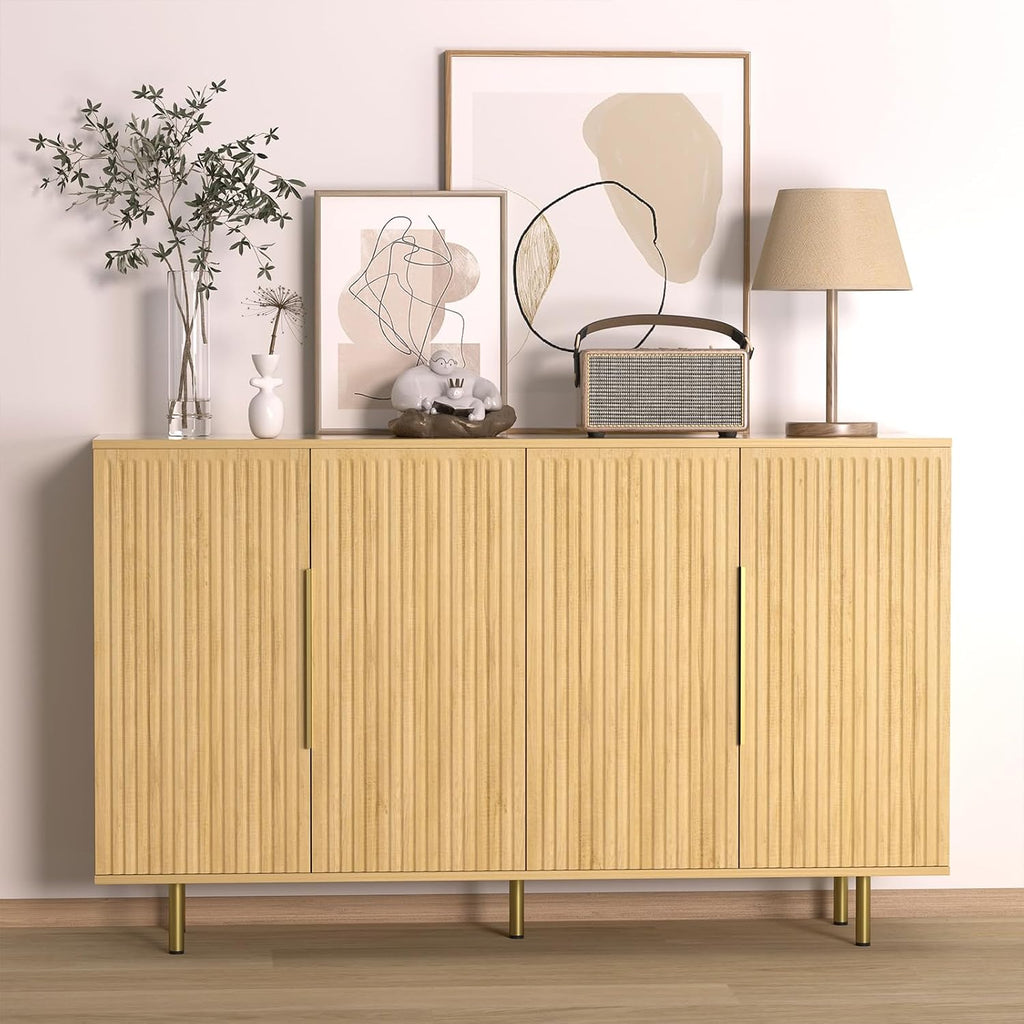 Sideboard Cabinet, 56" Large Buffet Cabinet with Storage, Wood Credenza Storage Cabinet with 4 Fluted Decorative Doors and Adjustable Shelves, for Living Room, Kitchen, Entryway, Oak
