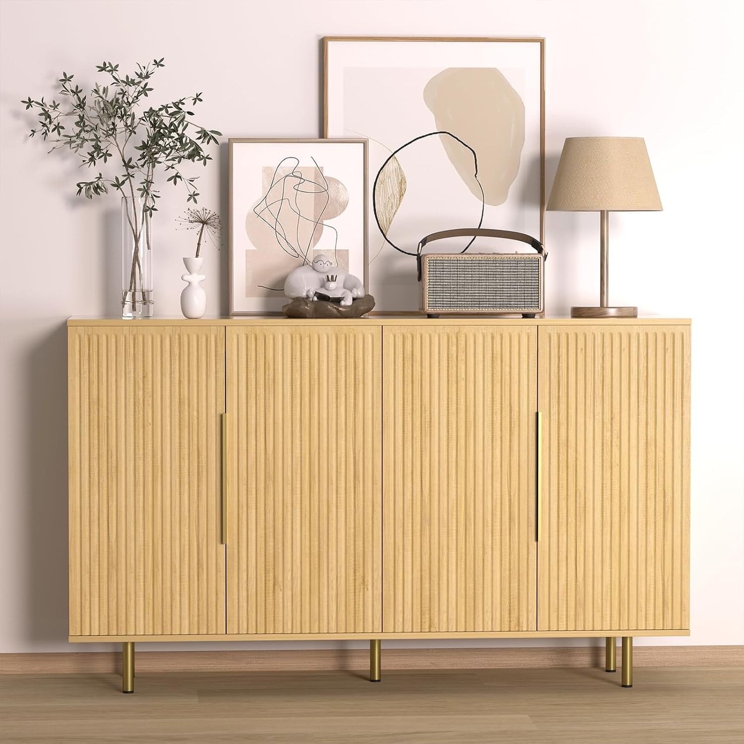 Sideboard Cabinet, 56" Large Buffet Cabinet with Storage, Wood Credenza Storage Cabinet with 4 Fluted Decorative Doors and Adjustable Shelves, for Living Room, Kitchen, Entryway, Oak