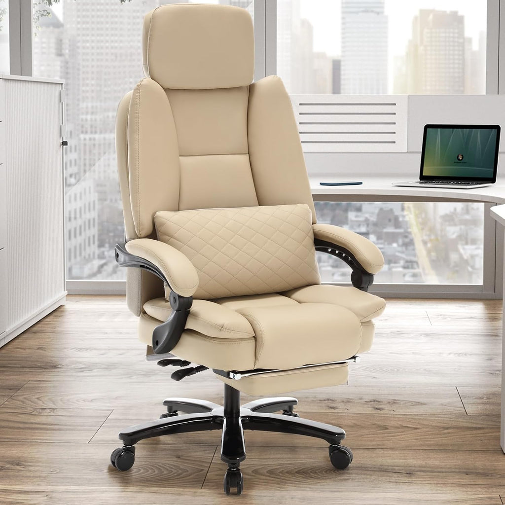 500lbs Plus Size Office Chair with Lumbar Support, PU Leather Big and Tall Heavy Duty Reclining Office Desk Chair with Foot Rest,Beige