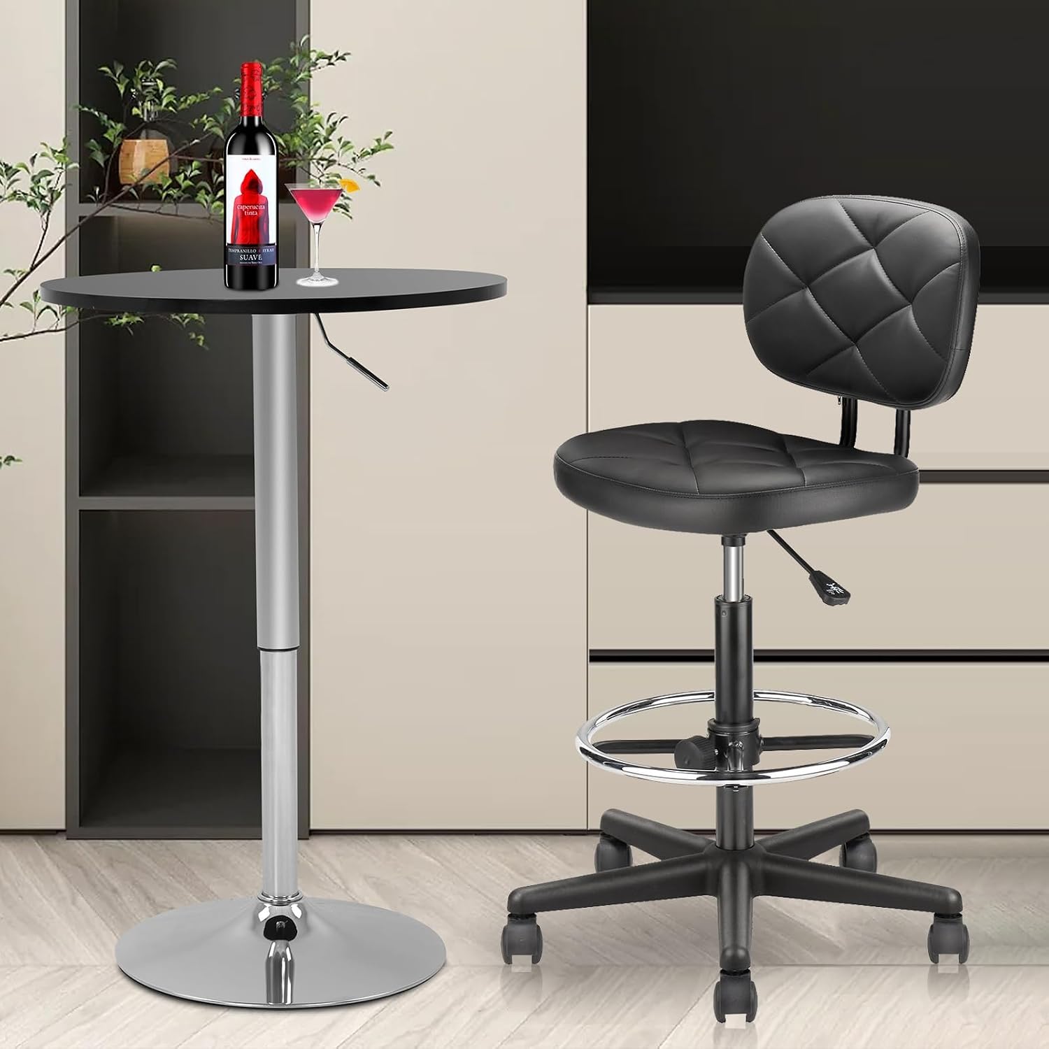 KLASIKA Leather Drafting Stool Chair with Ergonomic Backrest & Footrest, Padded Seat Adjustable Height 360° Swivel Rolling Stools, Tall Office Chair for Standing Desk, Shop, Drawing, Work, Black