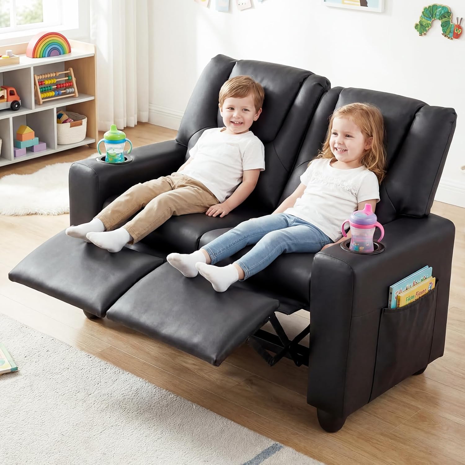 Costzon 2-Seater Kids Recliner, PU Leather Kids Loveseat w/2 Cup Holders & 2 Side Storage Pockets, Toddler Lounge Sofa Chair Couch w/Adjustable Backrest & Footrest for Girls & Boys 3+ Years Old Gifts