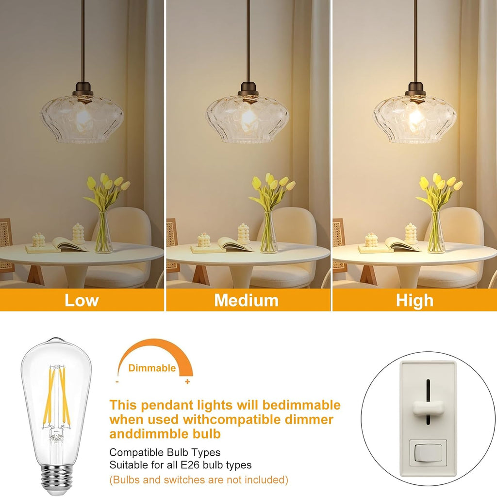 Pendant Lights Kitchen Island, Oil Rubbed Bronze Pendant Light Fixtures with 11" Clear Hammered Glass Shade, Modern Hanging Pendant Lights Fixture for Kitchen Island Dining Room Hallway Foyer Entryway