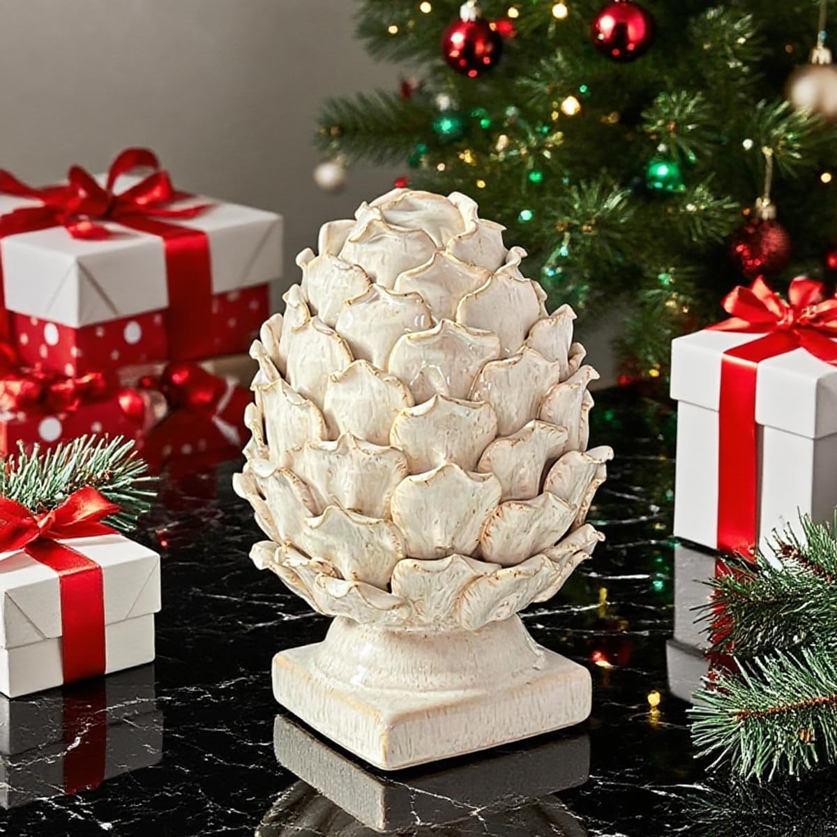 White Ceramic Artichoke Statue | Unique Artisanal, Decorative Sculpture, For Living Room, Office, Bookshelf