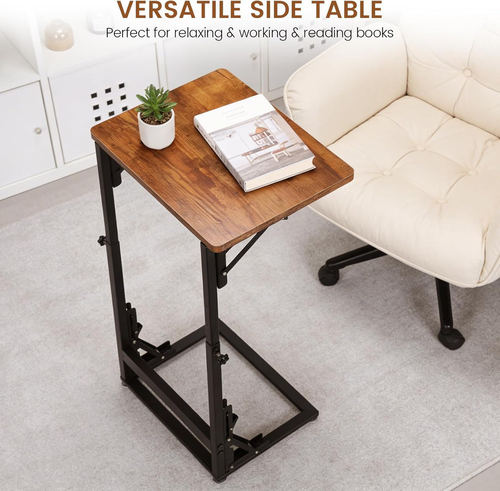 Folding Side Table, Adjustable C-Shaped End Table for Couch, Metal Frame TV Tray Table for Sofa Living Bedroom Bedside Coffee Small Spaces (Brown, 23.6" L x 15.8" W)