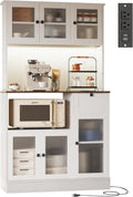 70.8" Kitchen Hutch Cabinet with Storage for Living & Dining Room, Kitchen Pantry Cabinet with LED Light & Outlet, White Cabinet with Walnut Tabletop