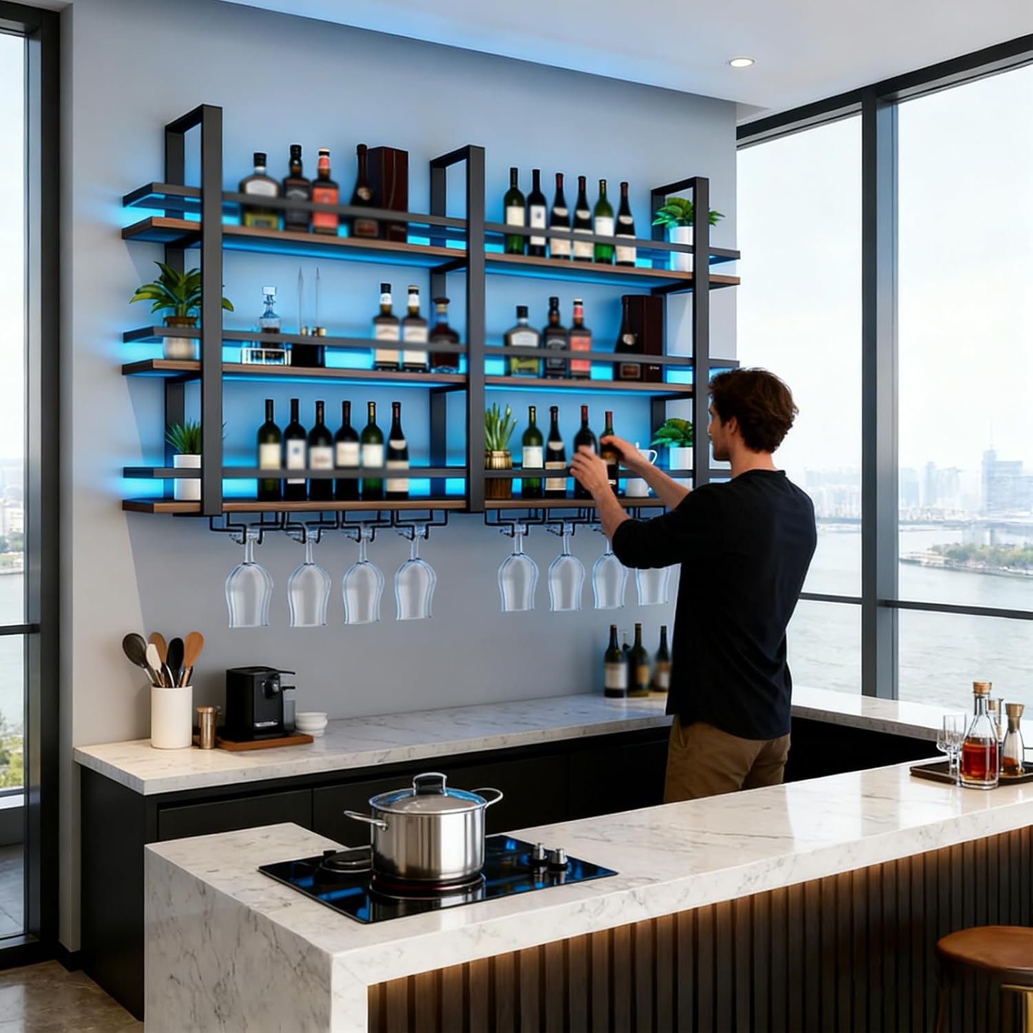 Wine Rack Wall Mounted with LED Lights, 3 Tier Metal Liquor Floating Display Shelves, with Wine Glass Rack, Iron & Wood Industrial Wall Wine Rack, for Bar, Kitchen, Cafe (Black, 63in)