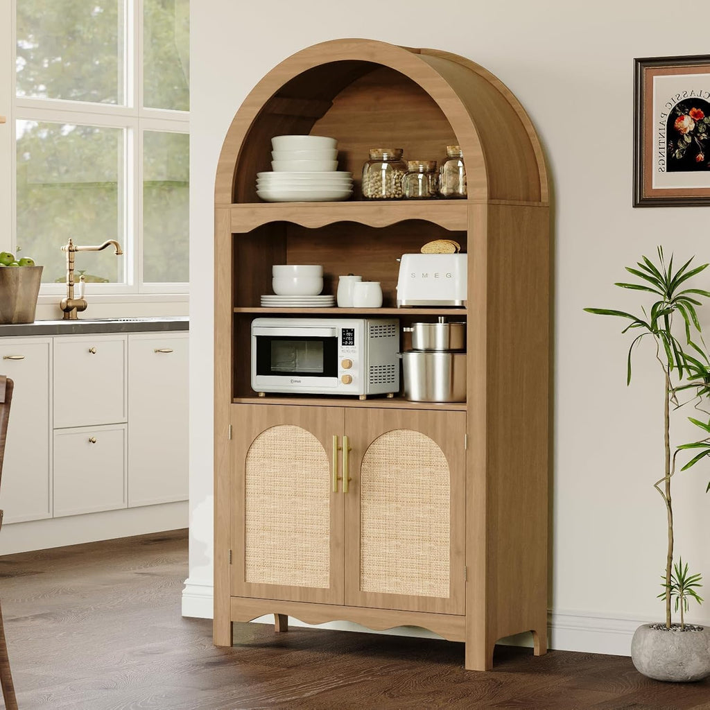 LINLUX 63" Arched Kitchen Pantry Cabinet, Arched Cabinet with Rattan Doors & Adjustable Shelves, Versatile Cupboard Arch Cabinets for Kitchen Storage, Dinning Room, Living Room, Entryway, Natural