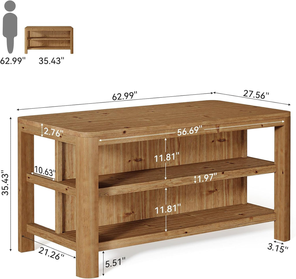 63-Inch Solid Wood Kitchen Island with Storage Shelves, Farmhouse Island Table with Seating, Counter Height Bar Table for Dining Room, Kitchen, Easy to Assemble, Natural Wood