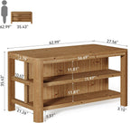63-Inch Solid Wood Kitchen Island with Storage Shelves, Farmhouse Island Table with Seating, Counter Height Bar Table for Dining Room, Kitchen, Easy to Assemble, Natural Wood