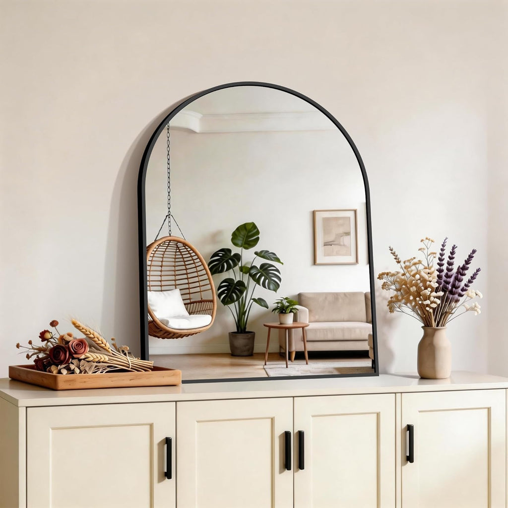 CIRCUMI Arched Wall Mirror 24"x30", Black Metal Frame with Tempered Glass, Large Size Mirror for Bathroom, Over Sink, Living Room, Entryway, Shatterproof & Crystal Clear Black Arched Mirror