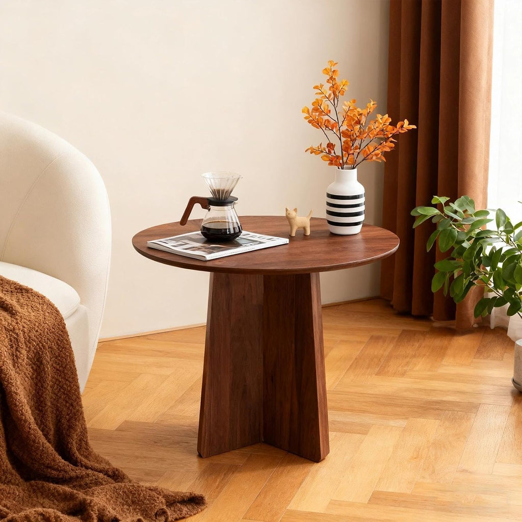 Short Small Round Coffee Table 15.7x15.7in, Side Table Walnut | Wooden Accent Tables For Small Spaces, Sofa, Bedroom, Bedside, Corner, Office, Nursery, Rustic Living Room Side Table