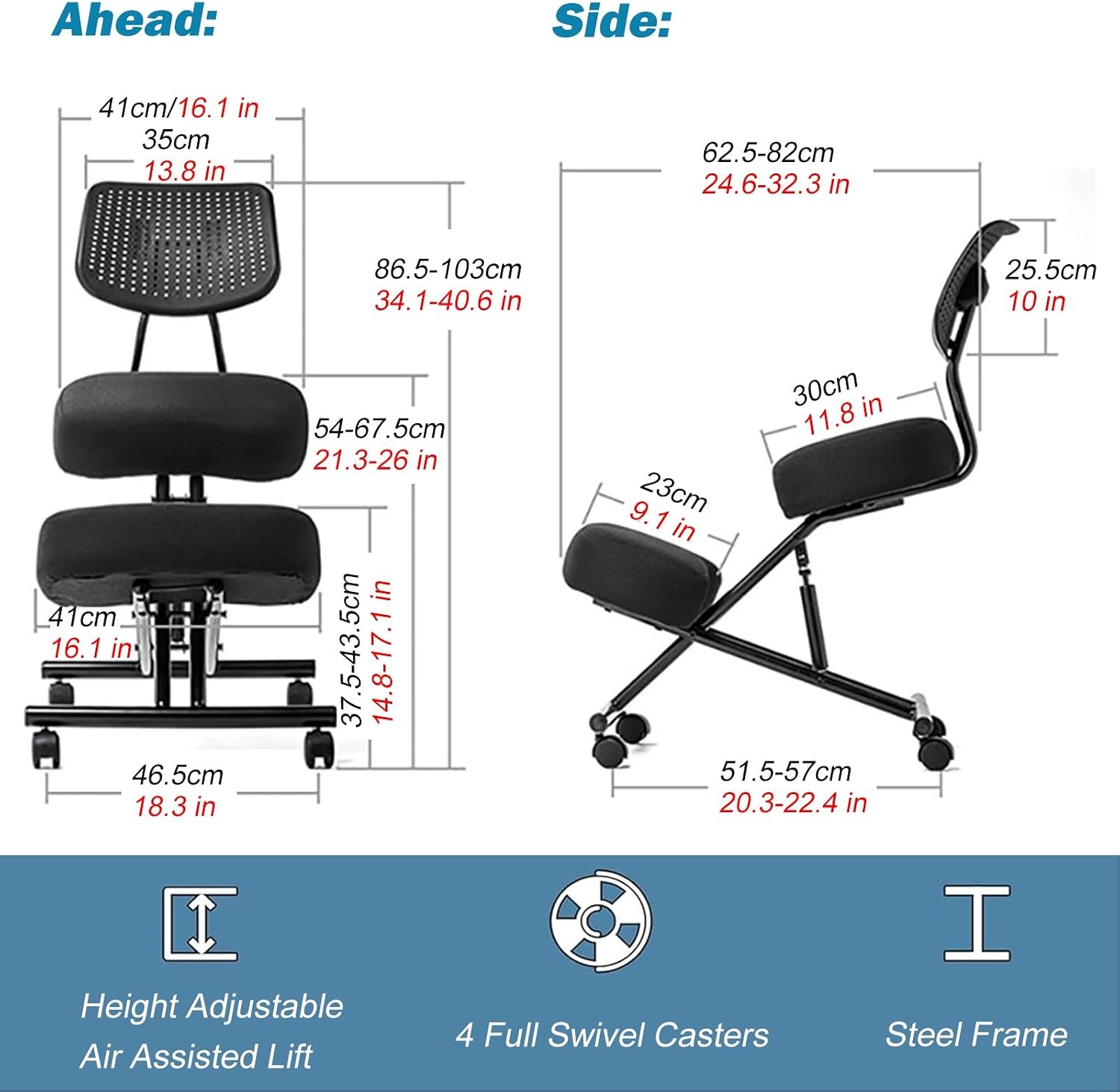 Cross Legged Office Chair - Height Adjustable Meditation Chair with 360° Casters for Home Workers and Fitness Enthusiasts (Black)