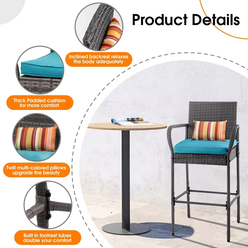 Sundale Outdoor Wicker Bar Stool Set of 2, Patio Counter Height Pub Chair with Arms, High Top Rattan Barstool, Cushion Beige, All-Weather Outdoor Rattan Furniture (Gray&Blue, Small Seat - 2 Stools)