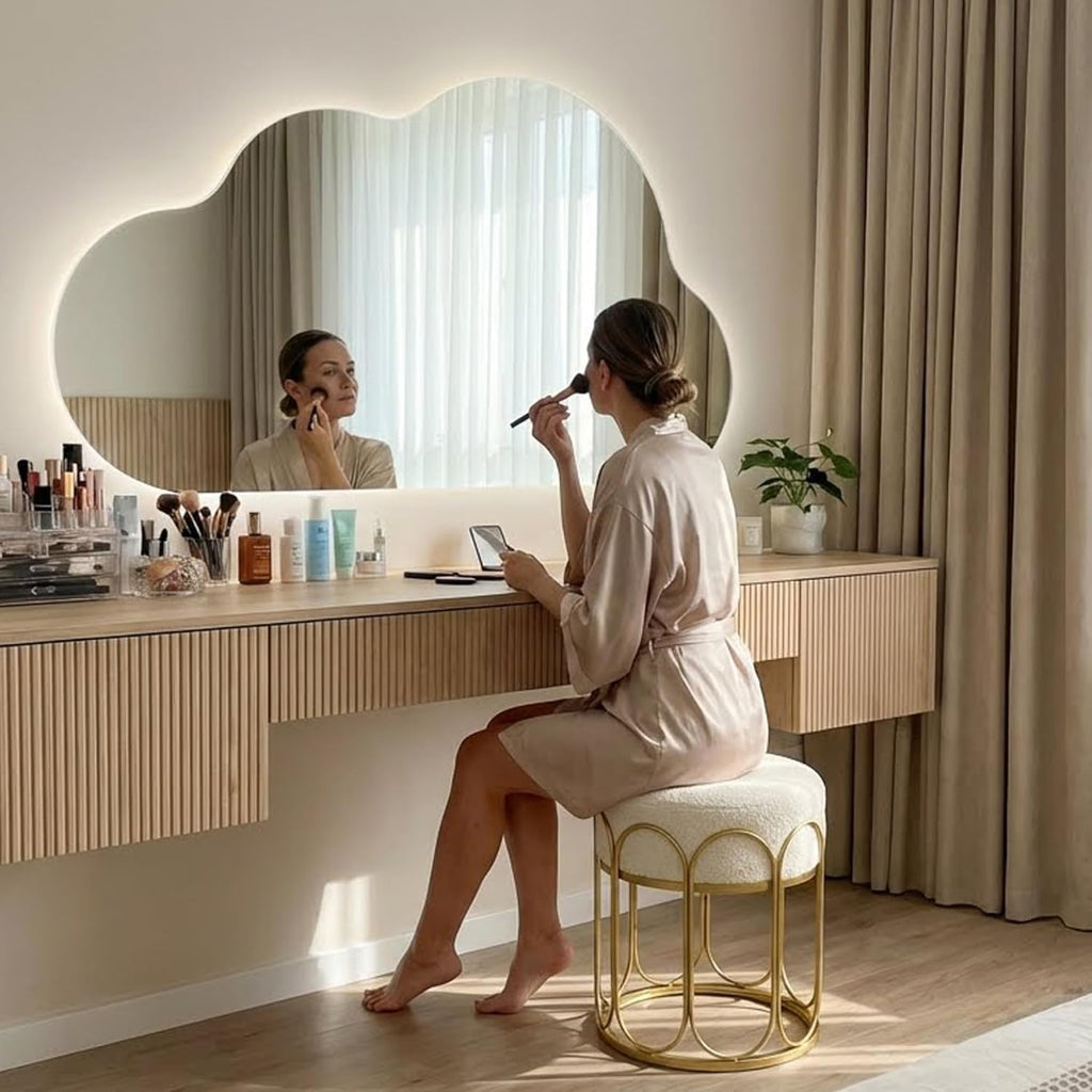 Already Installed Modern Gold metal Round Vanity Stool - White Sherpa Ottoman & Gold Frame Pouf, 17.7" Boucle Fuzzy Foot Rest for Bedroom Makeup, Small Plush Mid Century Chair (300lbs Capacity)