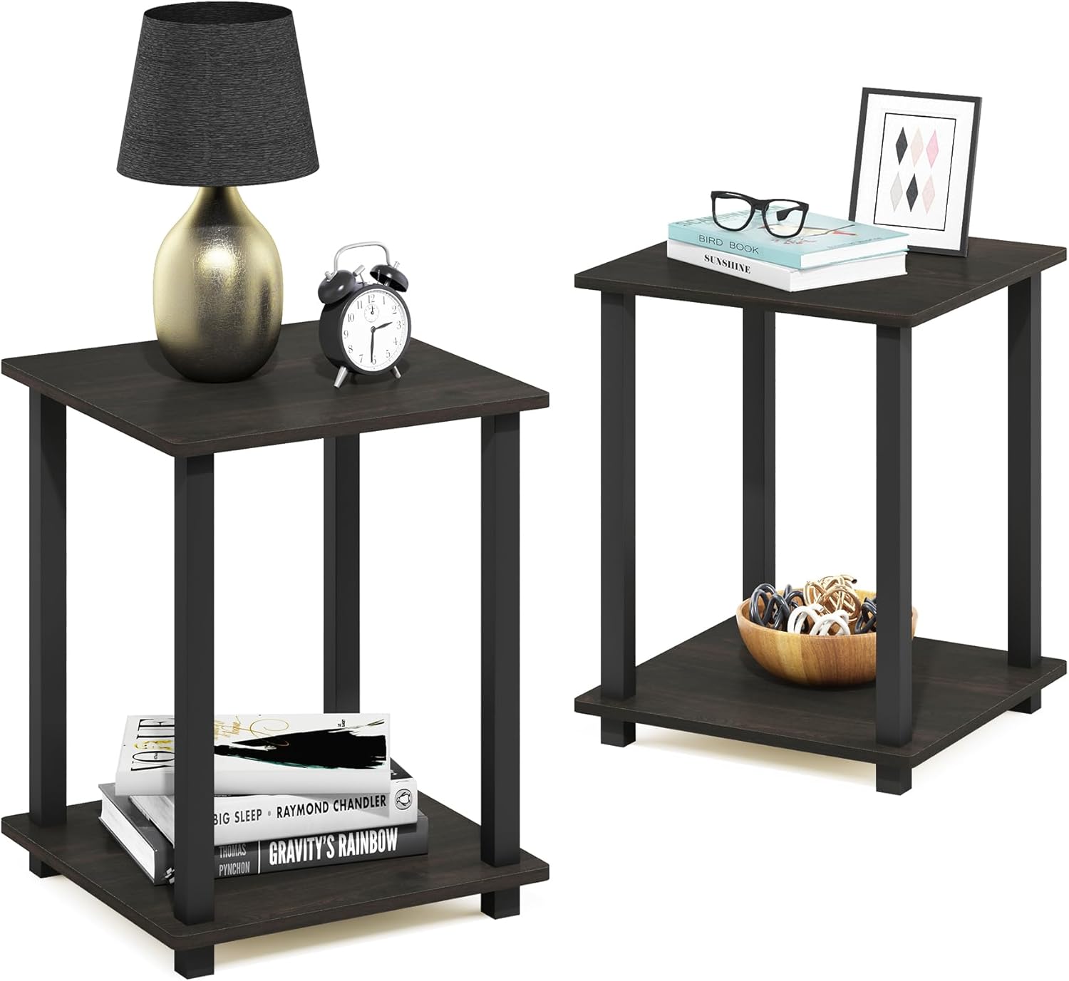 Furinno SIMPLISTIC Side Table Set of 2, 2-Tier Square Modern End Table, Nightstand, Night Stand, Bedside Table, Toolless Assembly, for Living Room, Bedroom, Espresso