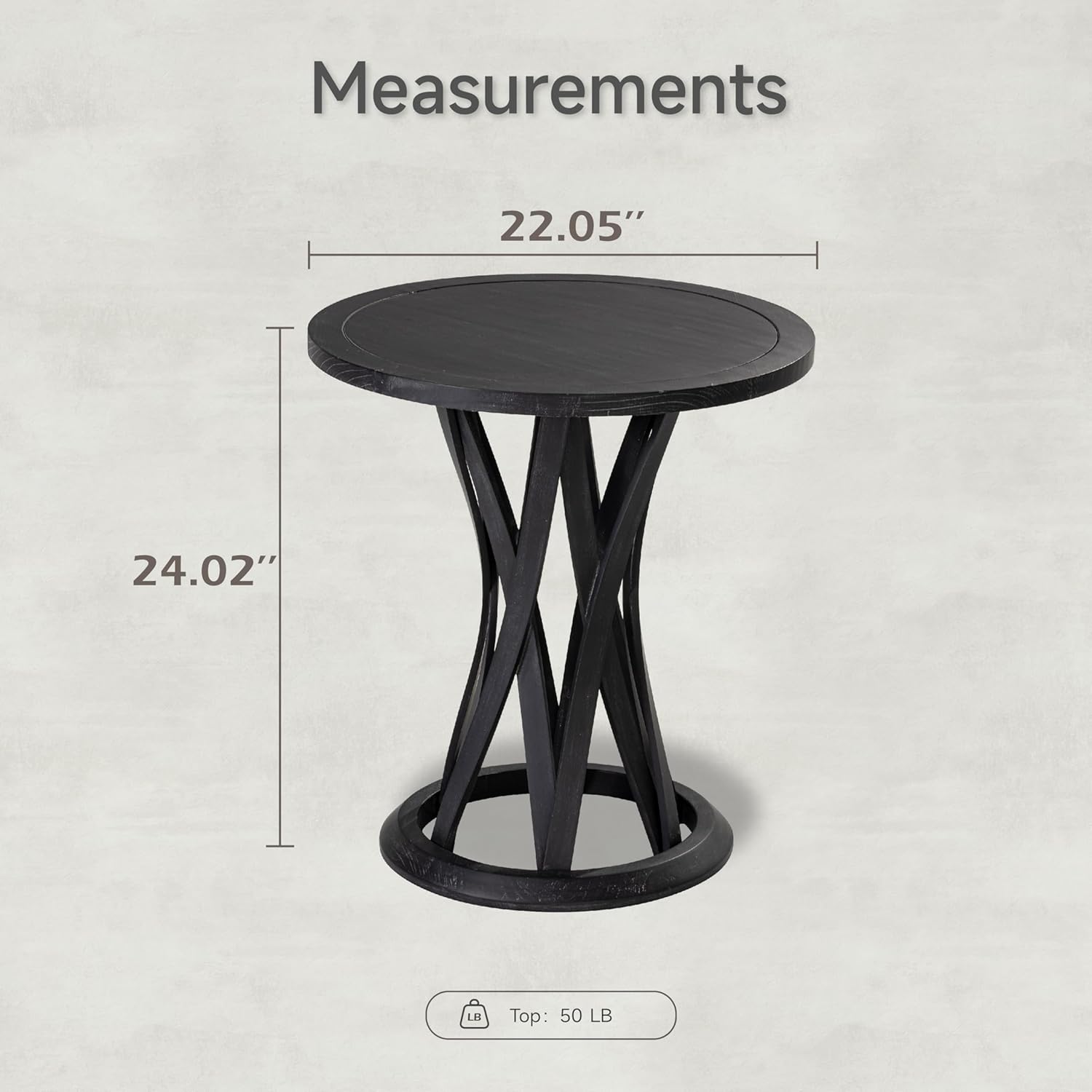 COZAYH Round Farmhouse End Table with Crisscross Pedestal Base, Distressed Finish Side Table Rustic Accent Table for Living Room, Pine Wood, Black