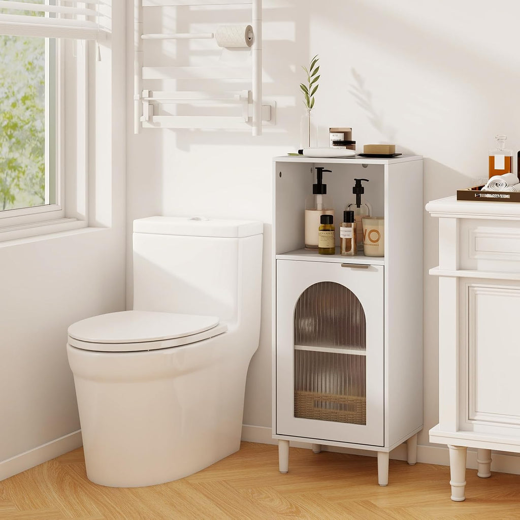 Tangkula Bathroom Floor Cabinet, Wood Side Storage Organizer with Adjustable Shelf, Tempered Glass Door, Anti-Tipping Kit & Solid Wood Legs, Narrow Cabinet for Living Room (White, 14” x 12” x 35.5”)