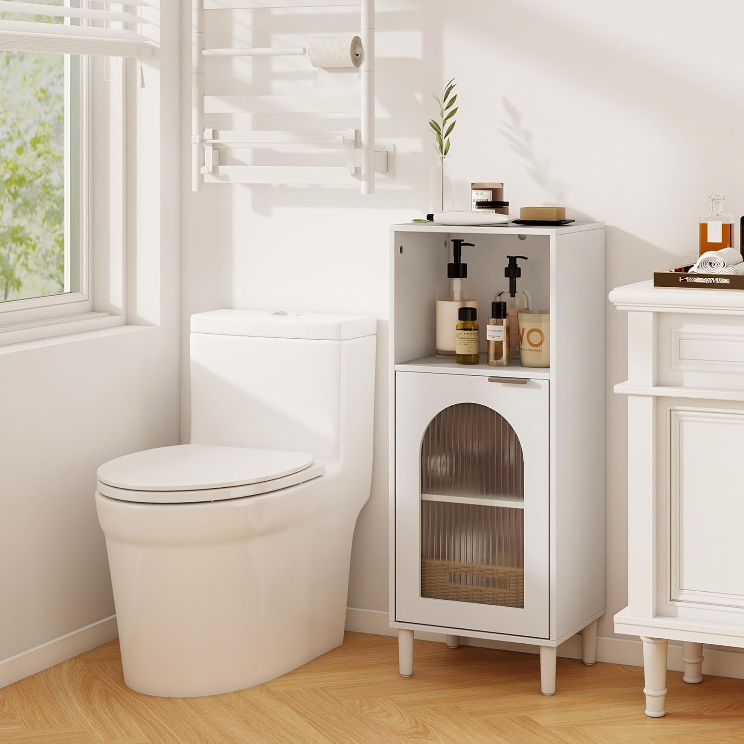 Tangkula Bathroom Floor Cabinet, Wood Side Storage Organizer with Adjustable Shelf, Tempered Glass Door, Anti-Tipping Kit & Solid Wood Legs, Narrow Cabinet for Living Room (White, 14” x 12” x 35.5”)