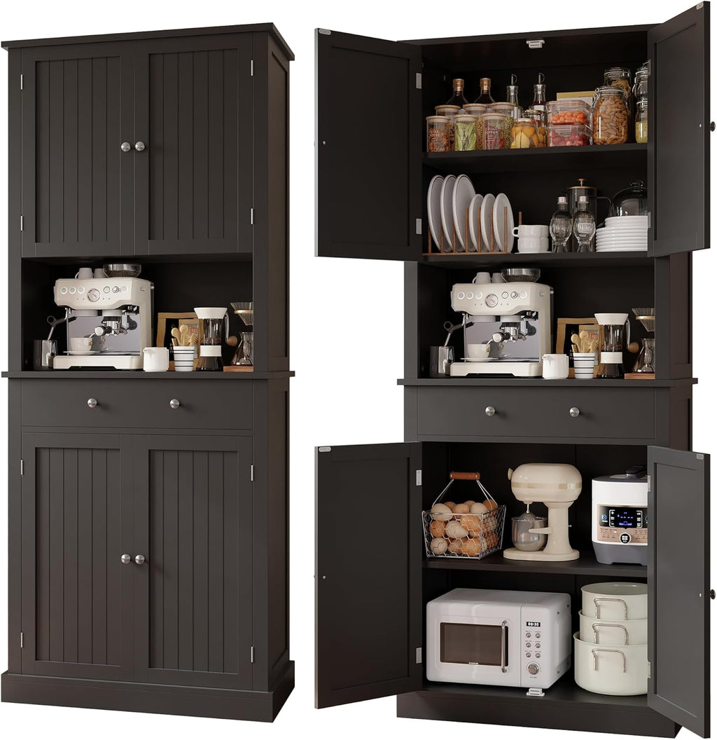 Apicizon 71’’ Tall Kitchen Pantry Storage Cabinet, Modern Kitchen Hutch Bar Cabinet with Microwave Stand & 3 Adjustable Shelves, Cupboard with Deep Drawer, Wood Buffet Sideboard for Dining Room, Black